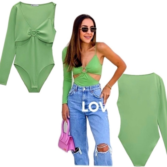 Zara Green asymmetrical long sleeve spaghetti strap cutout O-ring Vneck bodysuit - Picture 2 of 12